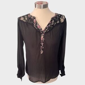 Miss Me Small Black Lace Sheer Top with Roll Tab Sleeves